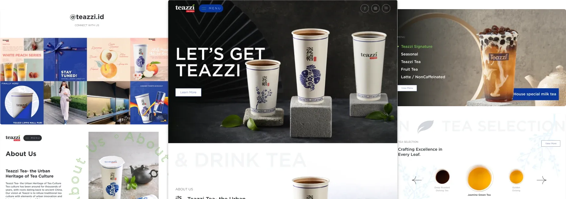 Teazzi company profile website: the Let's get Teazzi hero, the About page and the tea selection