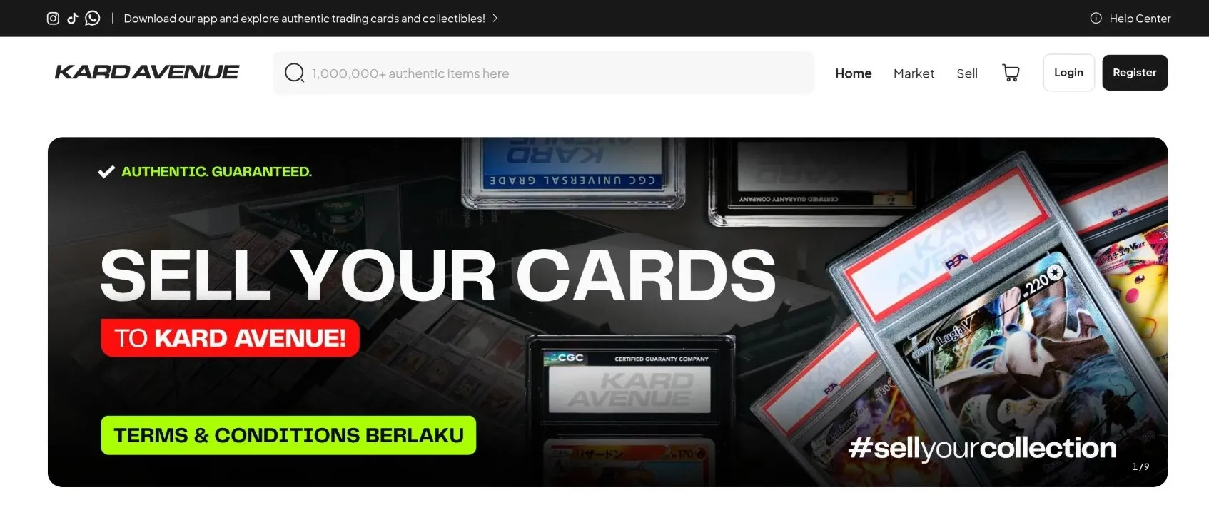 Kard Avenue marketplace home page with a Sell your cards to Kard Avenue campaign banner