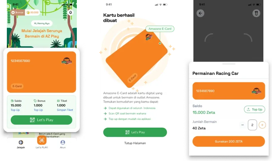 Amazone app screens: an e-card with balance and top-up, creating a card, and paying for a game from the card