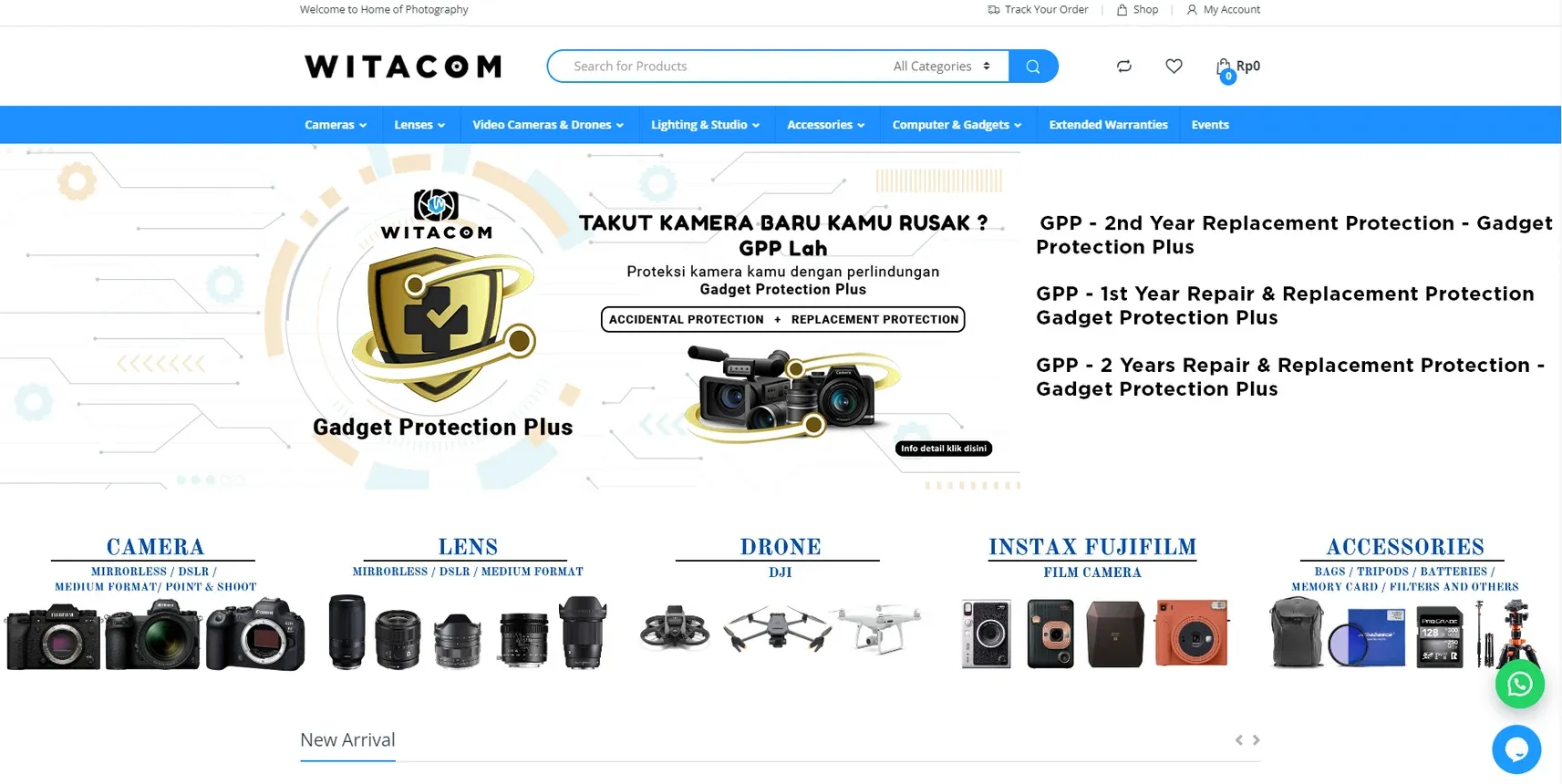 Witacom storefront with Gadget Protection Plus plans and camera, lens, drone and accessory categories