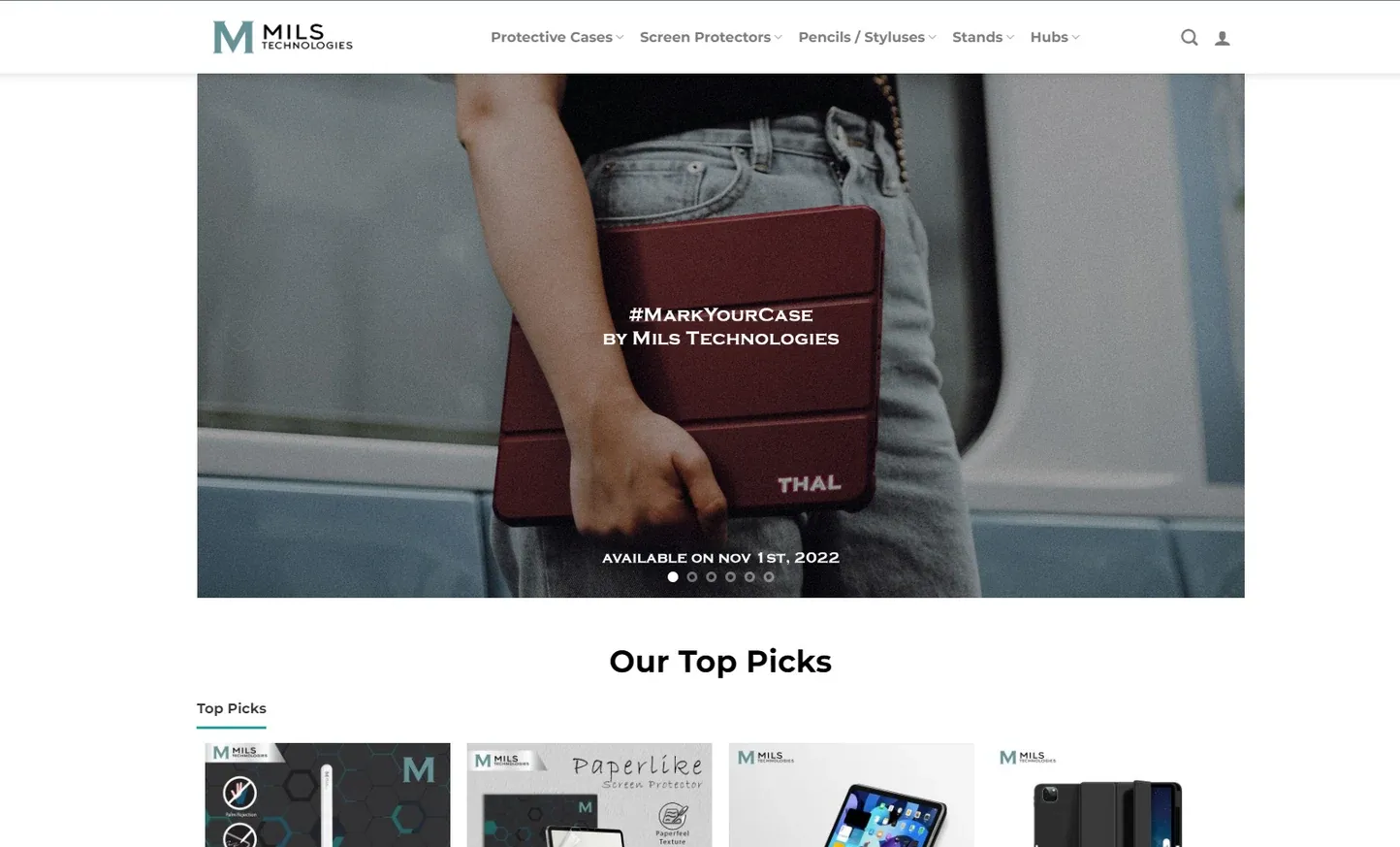 Mils Technologies e-commerce home page with a campaign banner and top picks