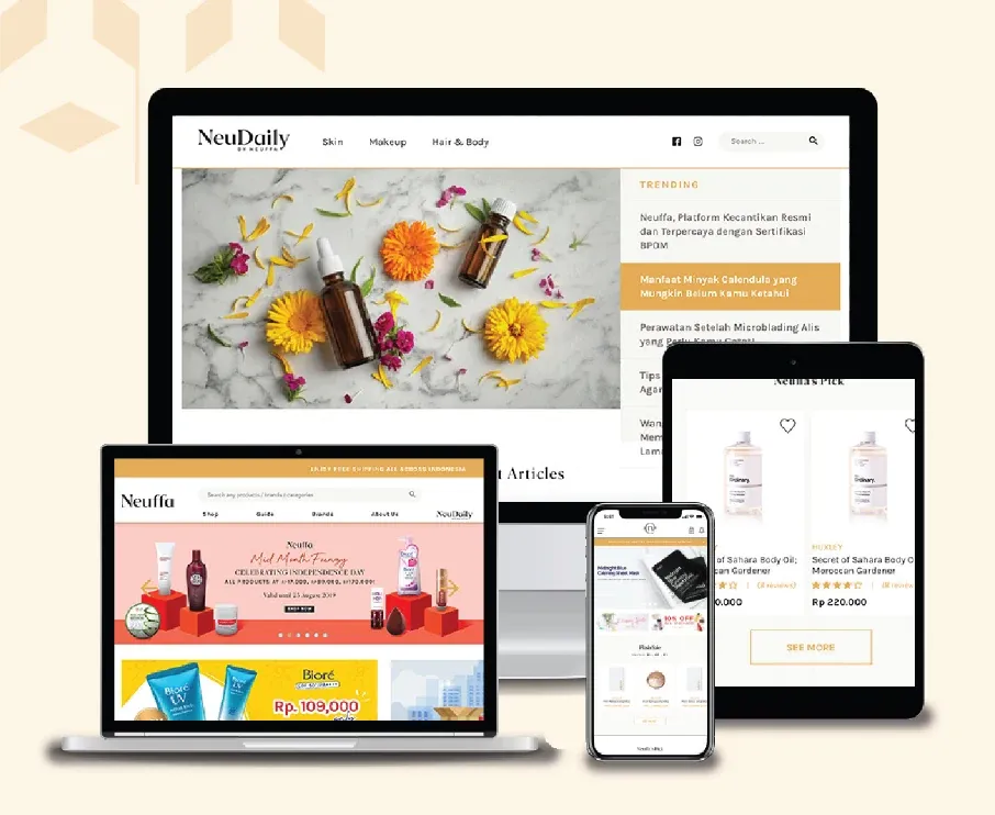 Neuffa e-commerce website and mobile app shown on desktop, tablet and phone