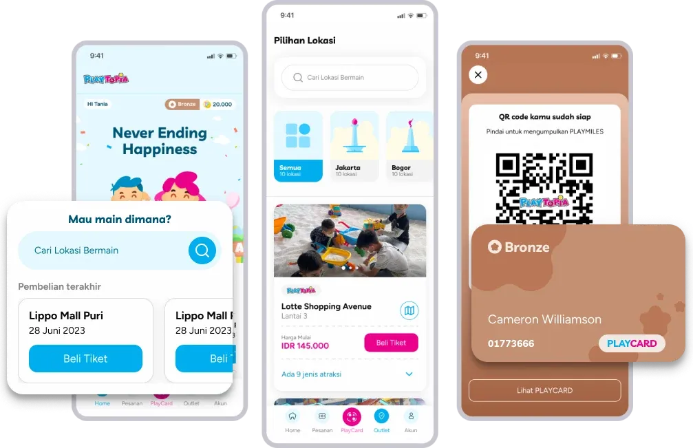 Playtopia app screens: choosing a venue, buying tickets, a QR code ticket and a PLAYCARD membership card