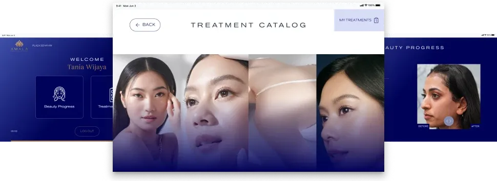 Amala customer assistant screens: a personal welcome, the treatment catalogue and beauty progress tracking