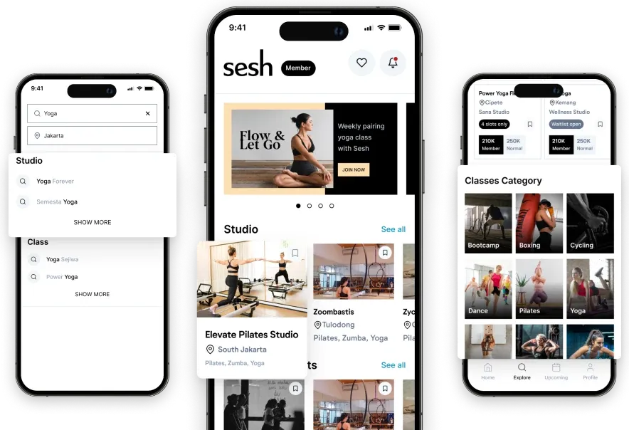 Sesh app screens: searching studios and classes, the studio feed and classes by category