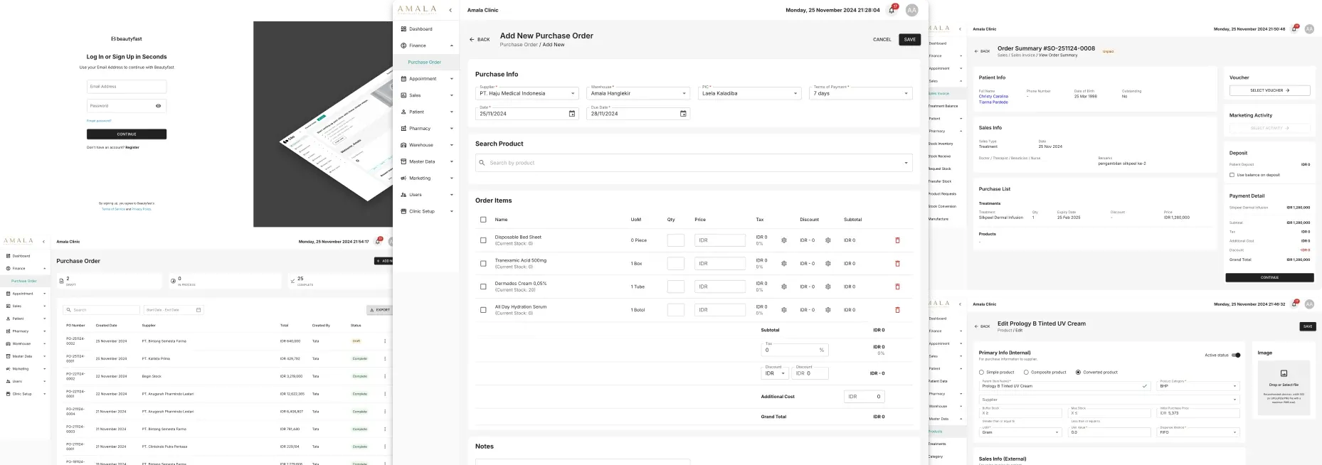 BeautyFast sign-in screen and clinic dashboard screens for purchase orders, order summaries and product setup