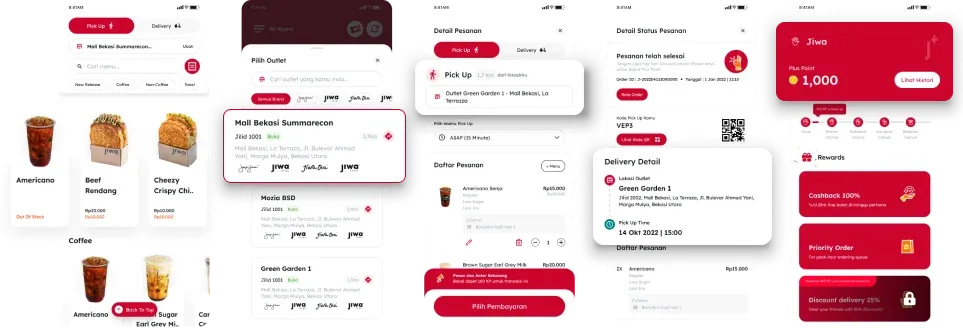 Jiwa+ app screens: the coffee menu, choosing an outlet, pick-up and delivery orders, and rewards