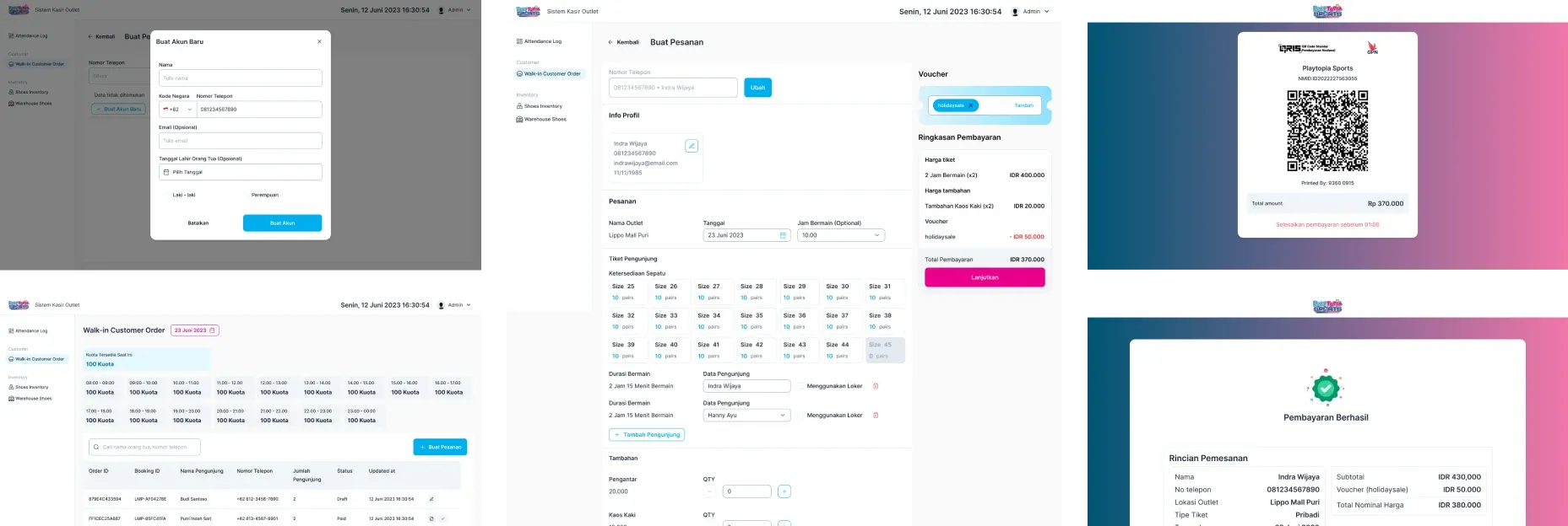 Playtopia outlet cashier system: walk-in customer orders by time slot, shoe availability by size, vouchers and QRIS payment