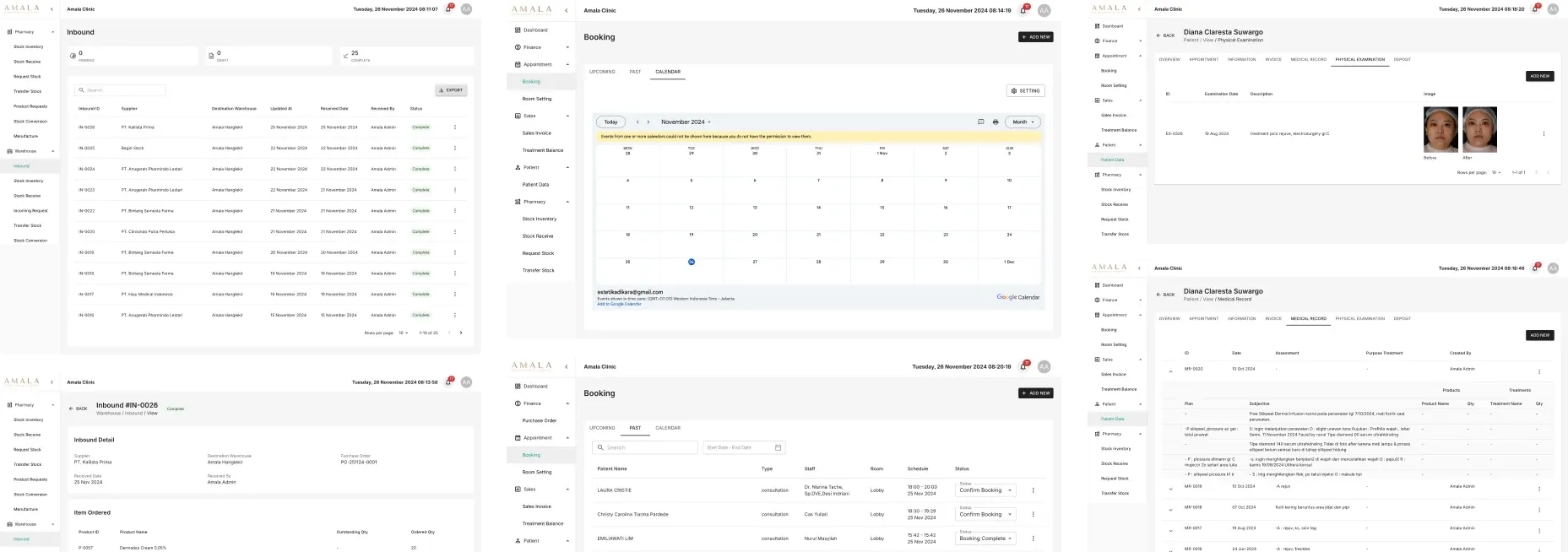 BeautyFast clinic screens: booking calendar, warehouse inbound from suppliers and patient medical records