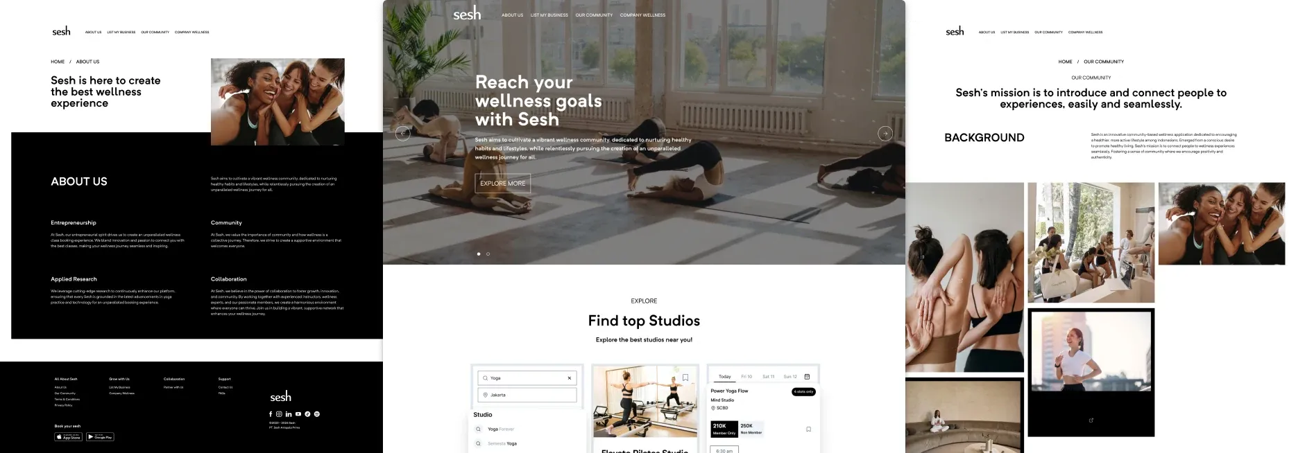 Sesh company website: the wellness goals hero, the studio finder and the company mission