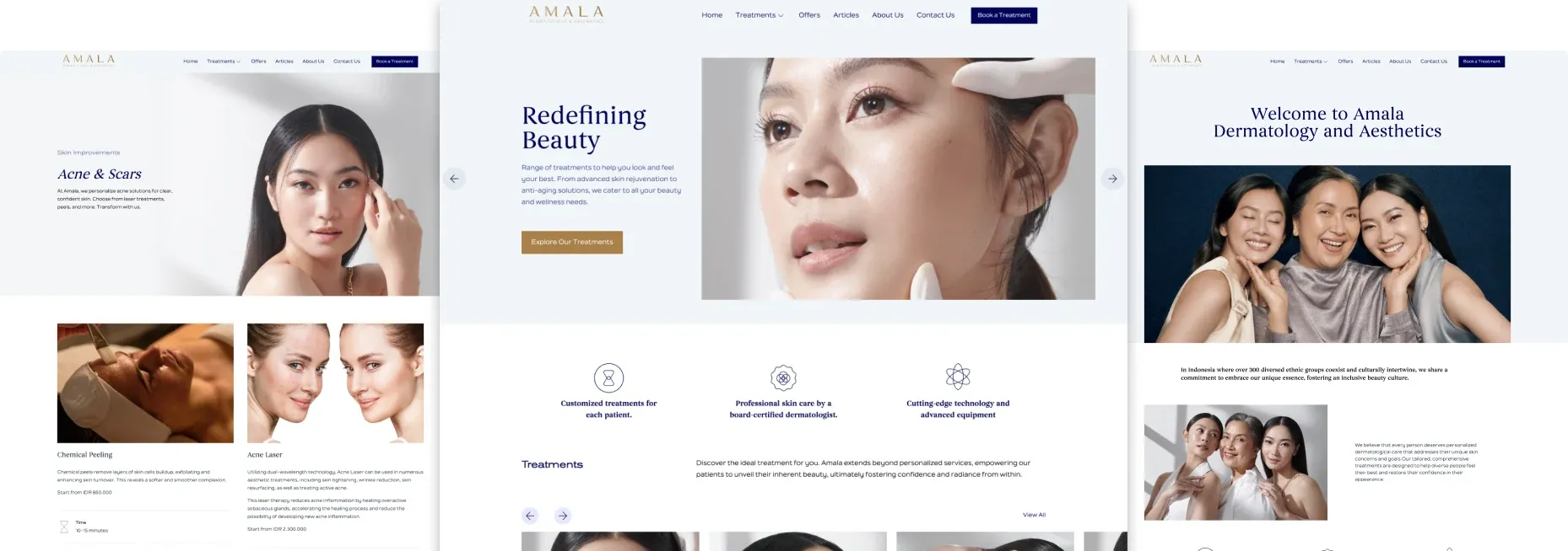Amala Dermatology & Aesthetics website: the Redefining Beauty hero, treatments and a condition page